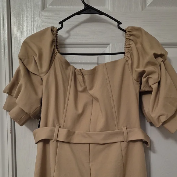 New York & Company Tan Off the Shoulder Ruffle Sleeve Trench-Style Midi Dress - Picture 5 of 8